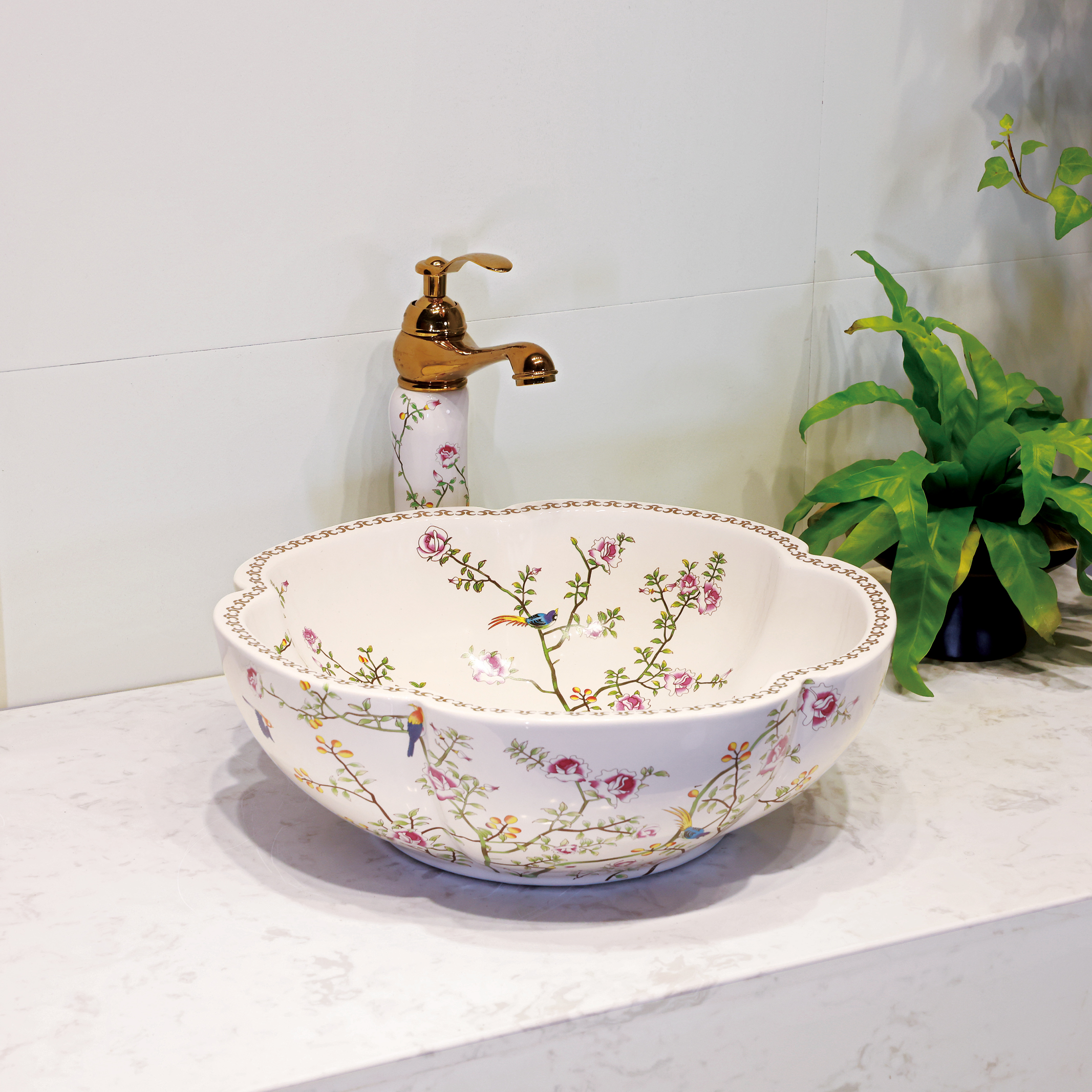 Ceramic washbasin with white petal print