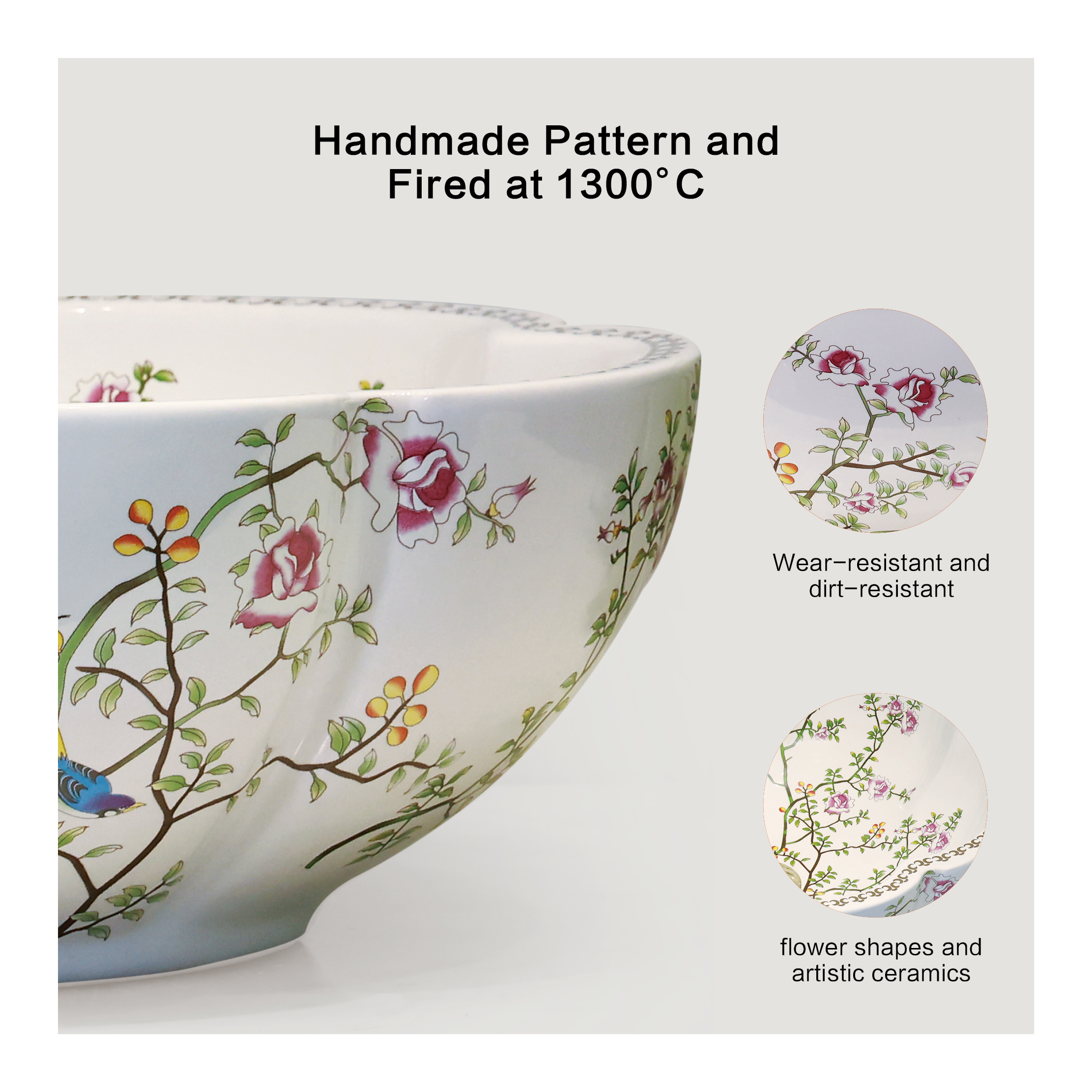 Ceramic washbasin with white petal print