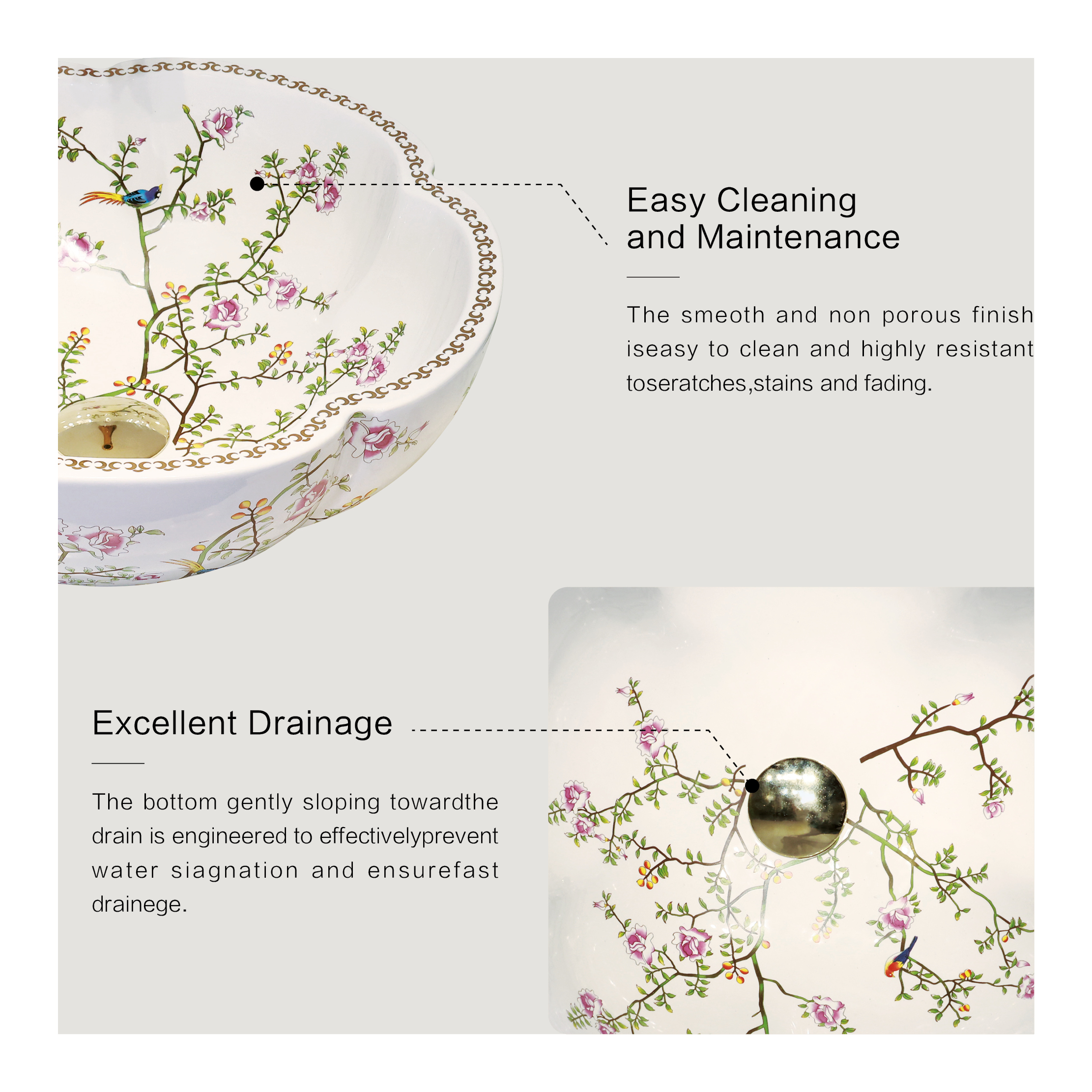 Ceramic washbasin with white petal print