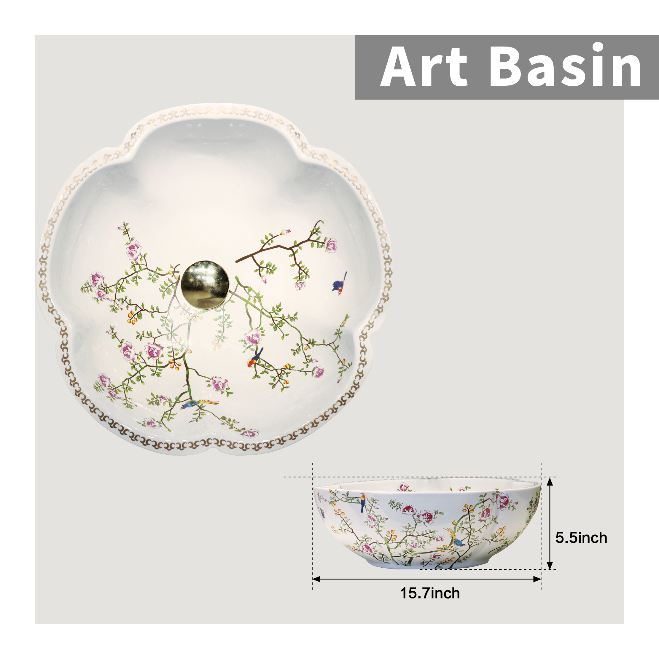 Ceramic washbasin with white petal print