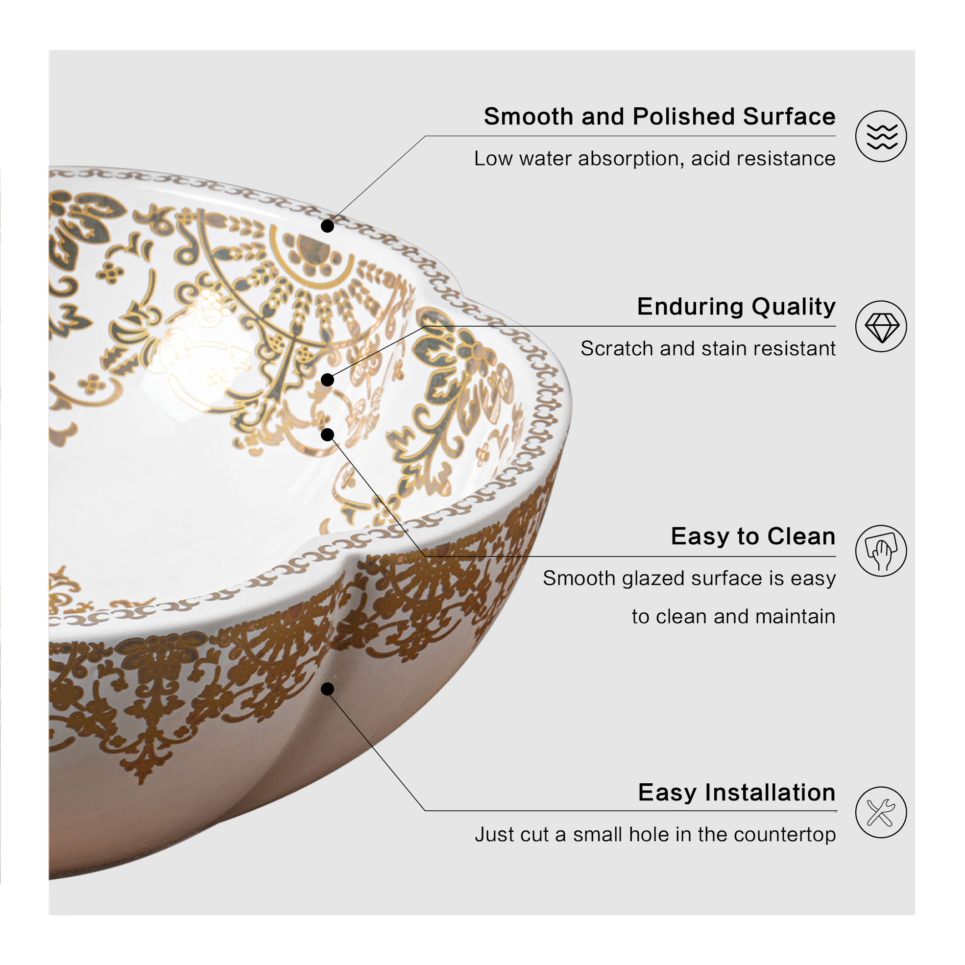 Ceramic washbasin with gold and white floral print