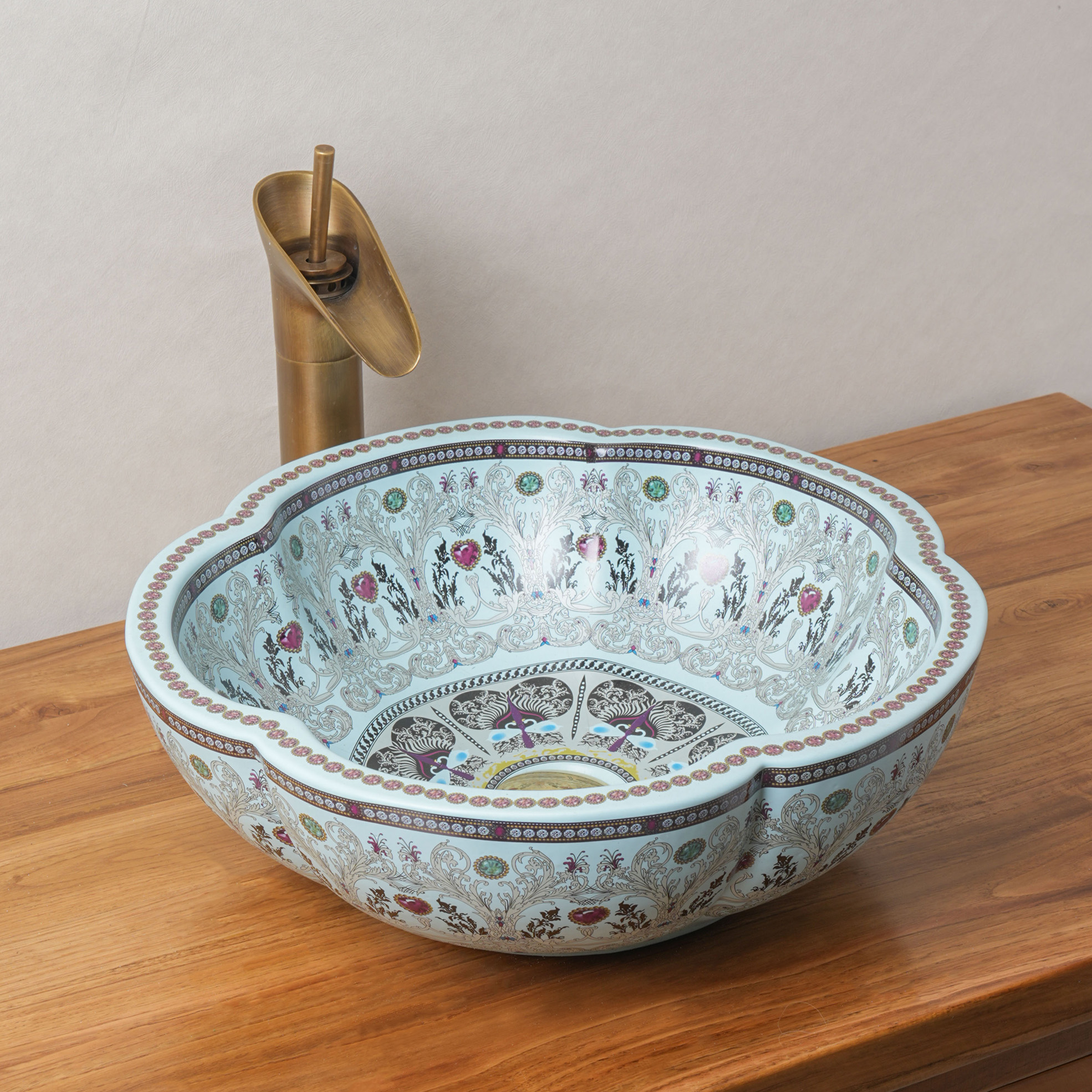 Cyan Ceramic Washbasin with Petal Print