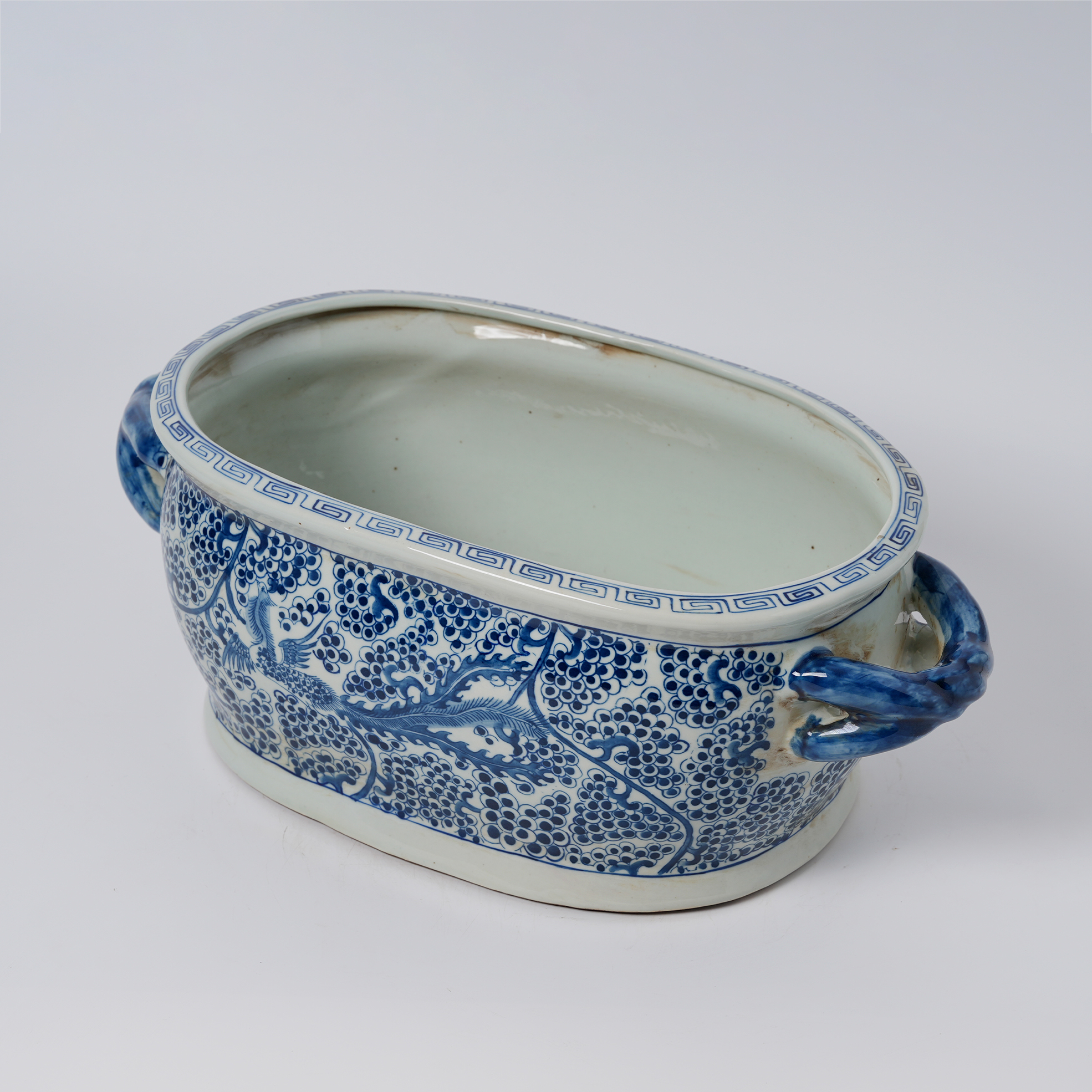 Antique blue and white porcelain flowerpot with hand-painted double handles 77