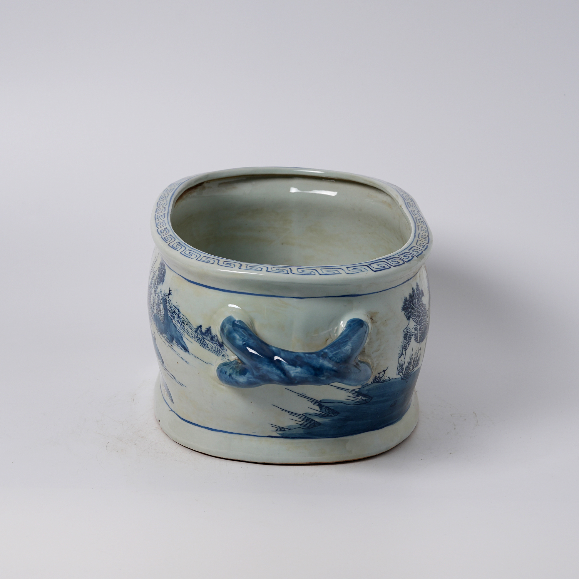 Antique blue and white porcelain flowerpot with hand-painted double handles 78