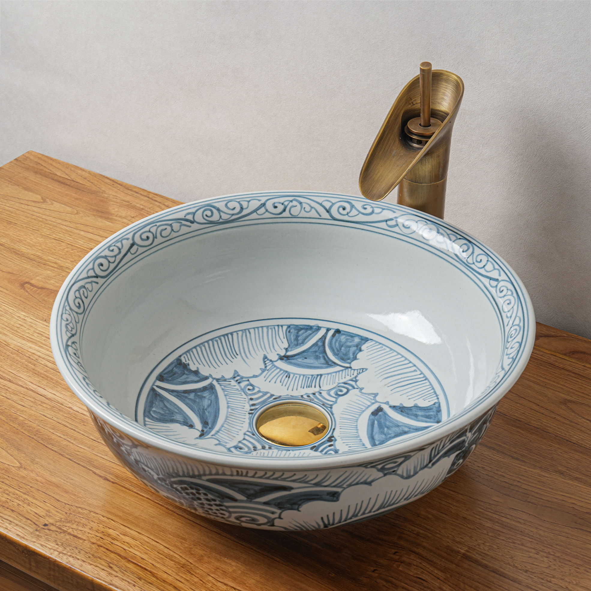 Round hand-painted ceramic washbasin
