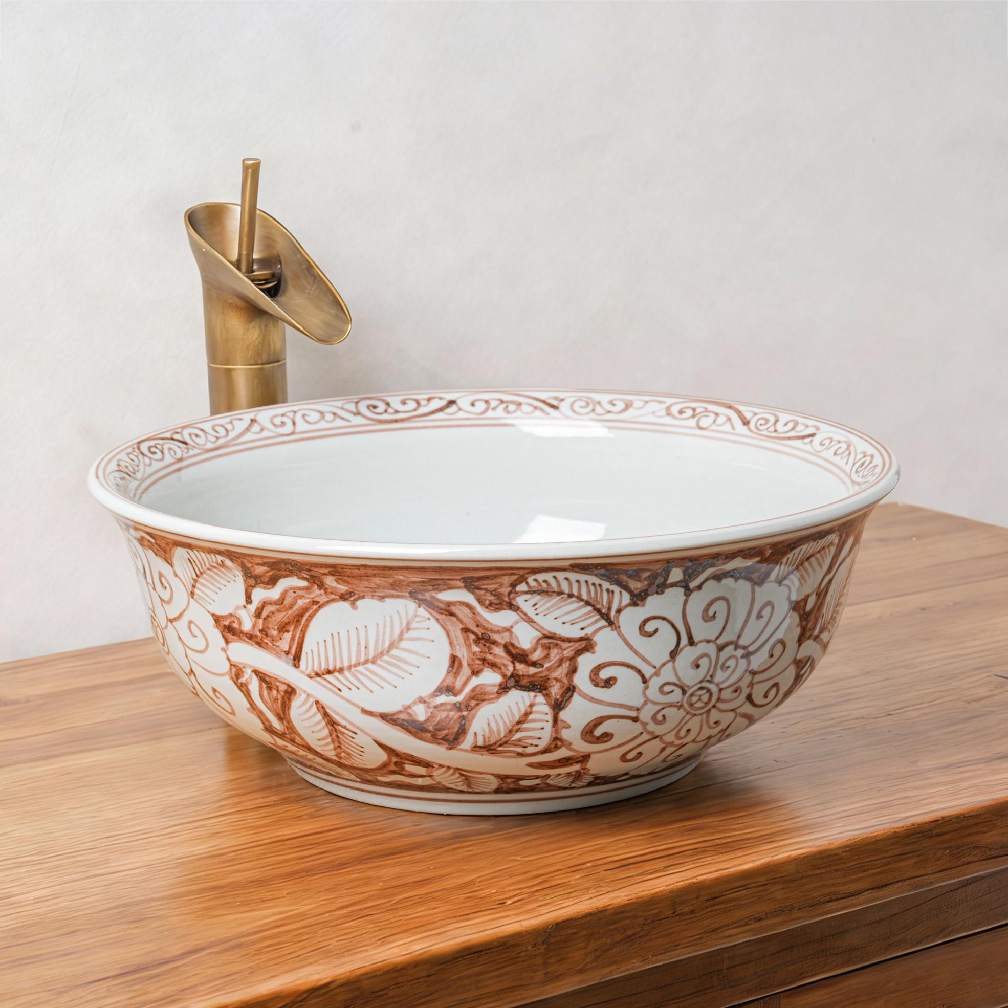 Round hand-painted ceramic washbasin