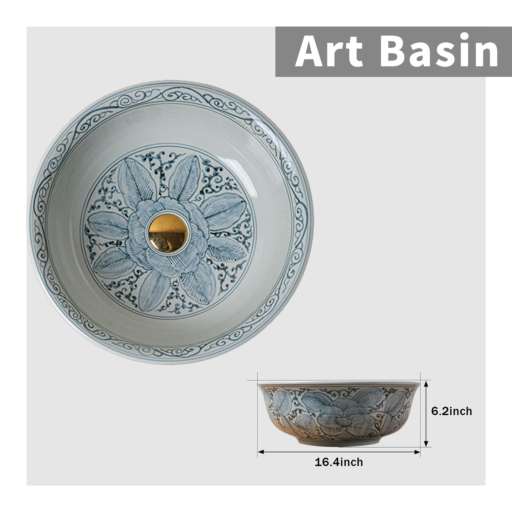 Round hand-painted ceramic washbasin