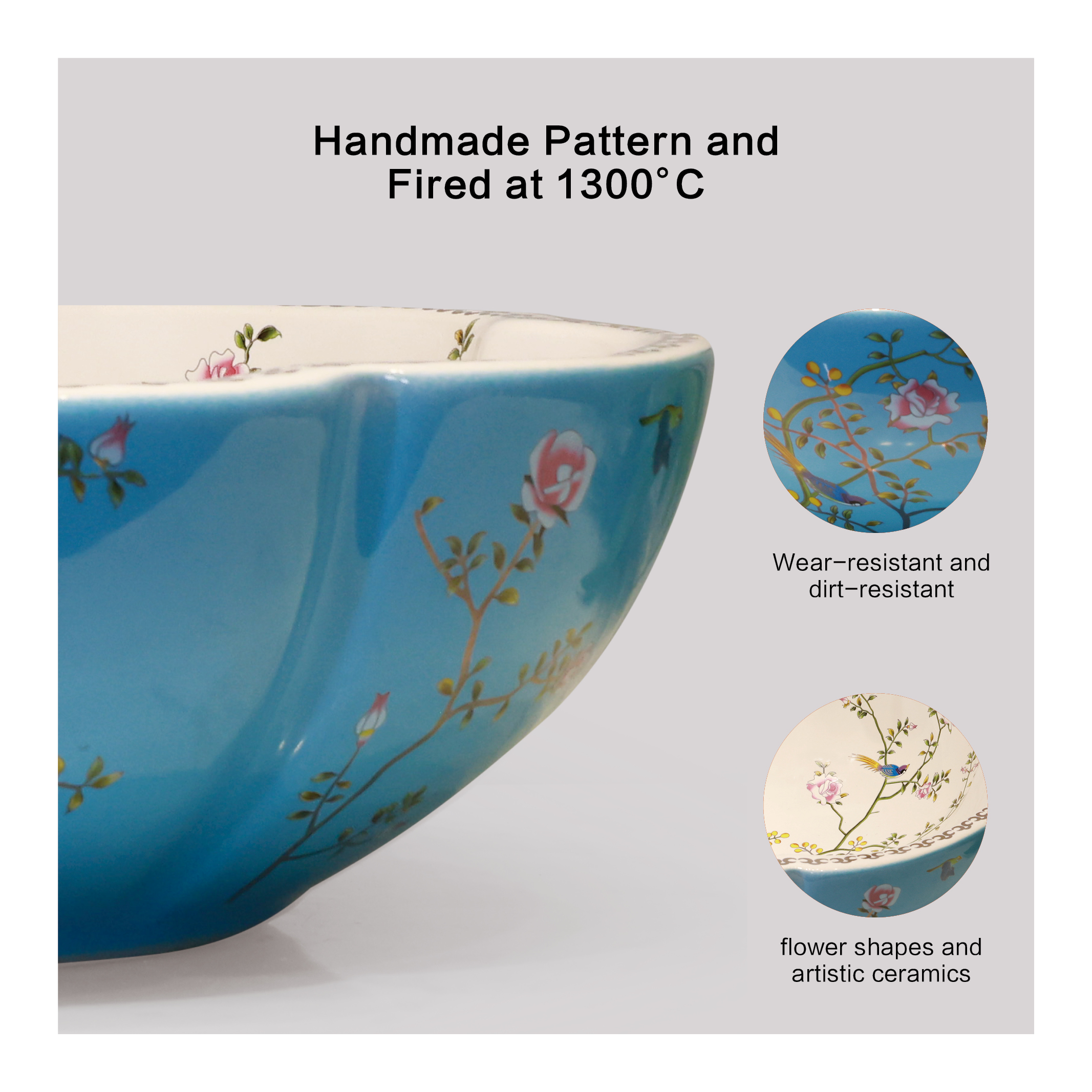 Ceramic washbasin with blue and white floral print