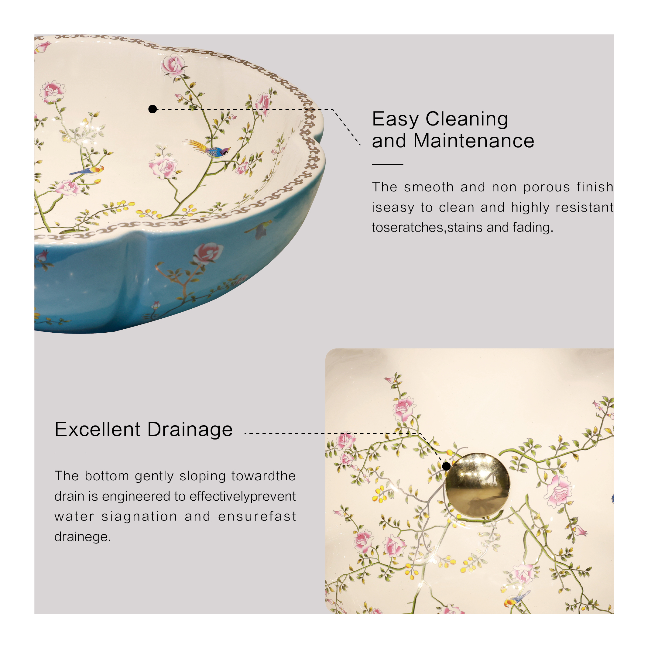 Ceramic washbasin with blue and white floral print
