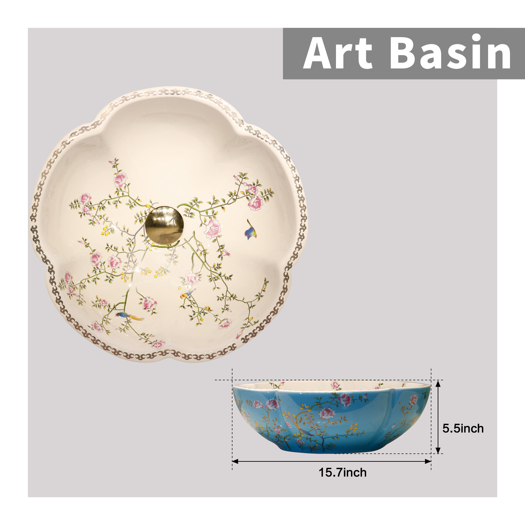 Ceramic washbasin with blue and white floral print