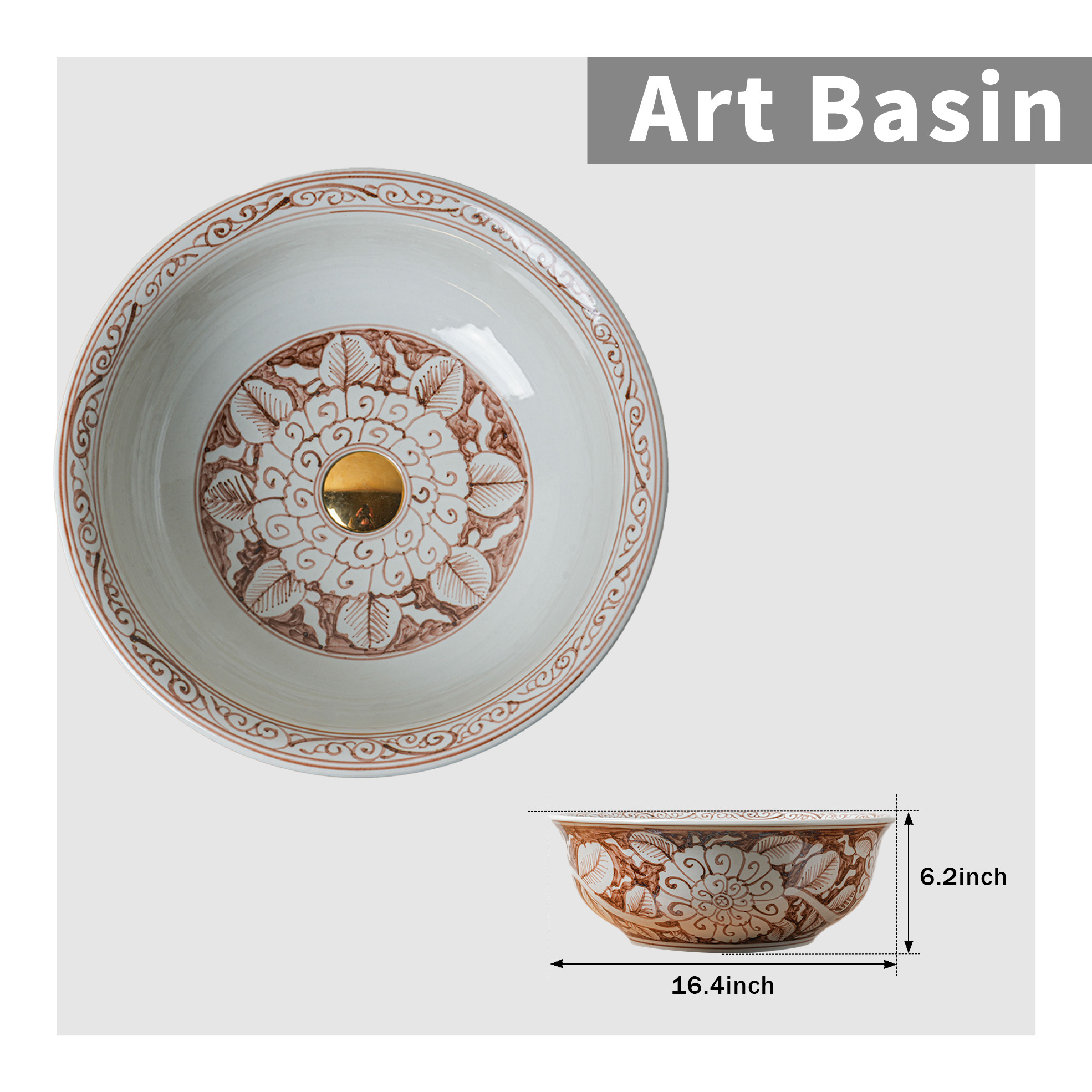 Round hand-painted ceramic washbasin