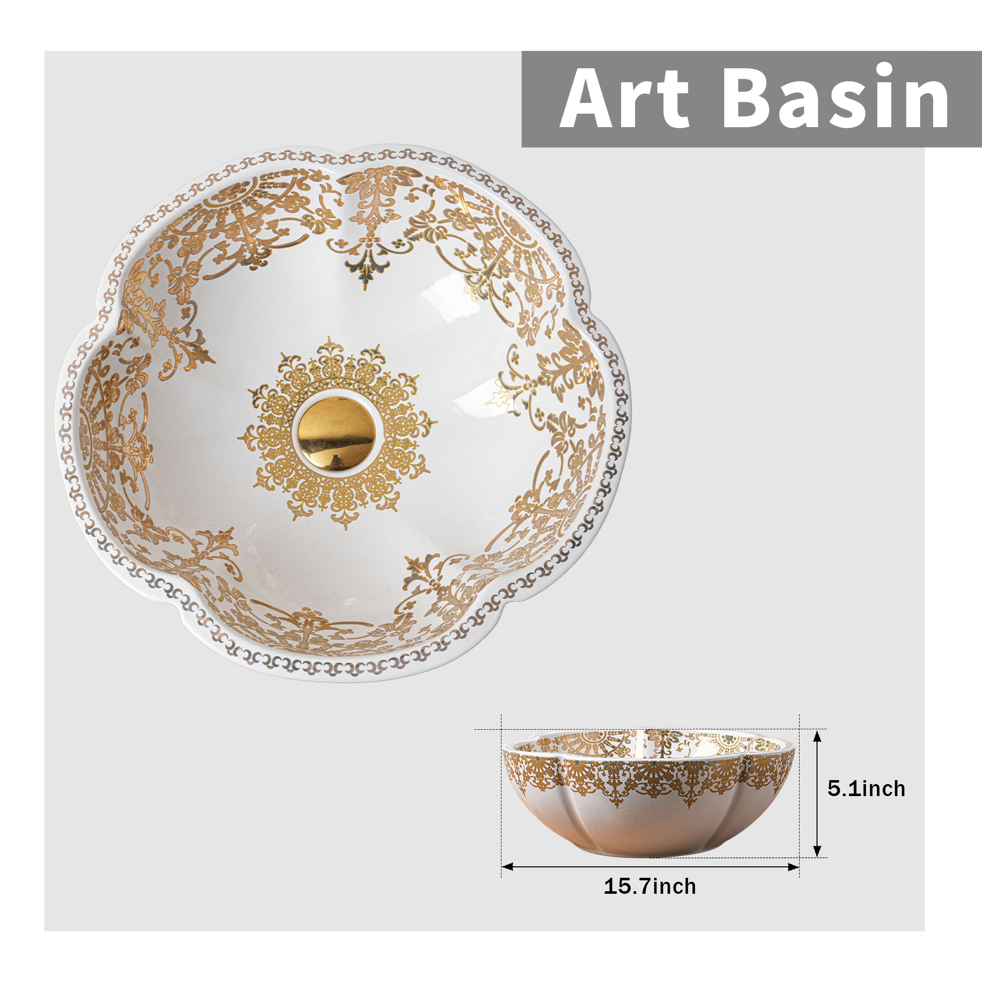 Ceramic washbasin with gold and white floral print