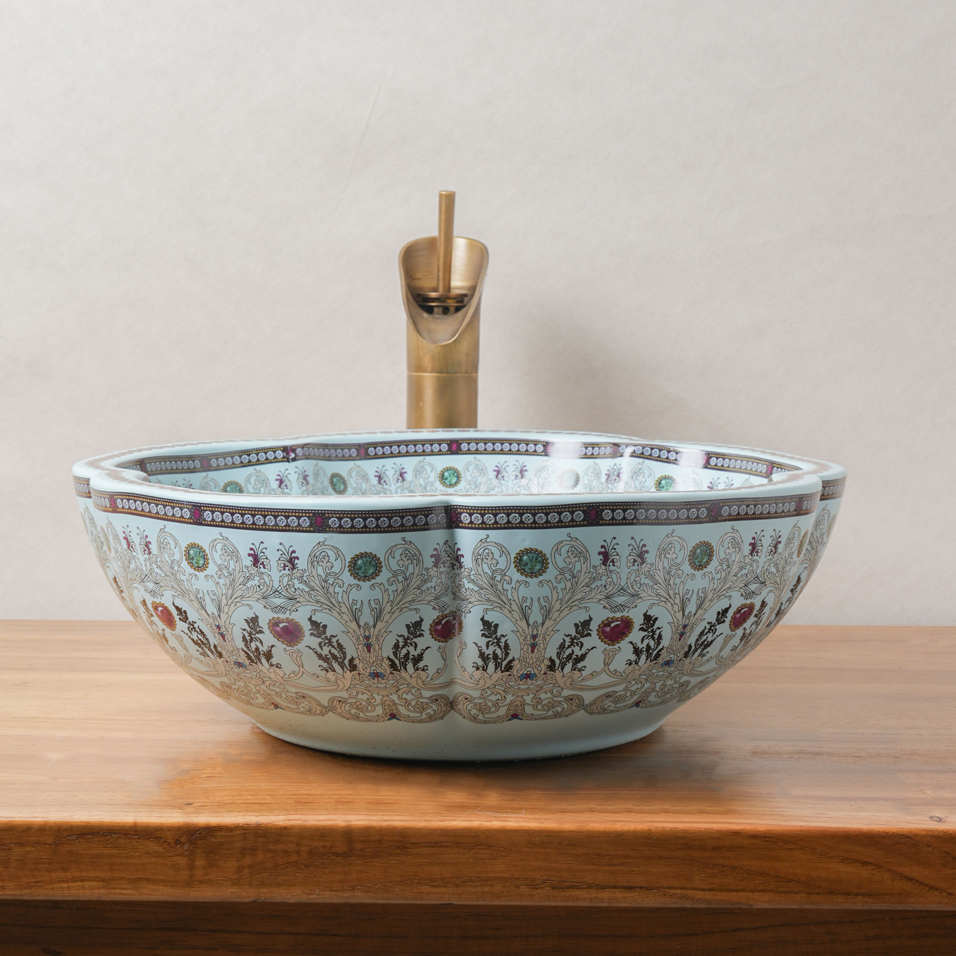 Cyan Ceramic Washbasin with Petal Print