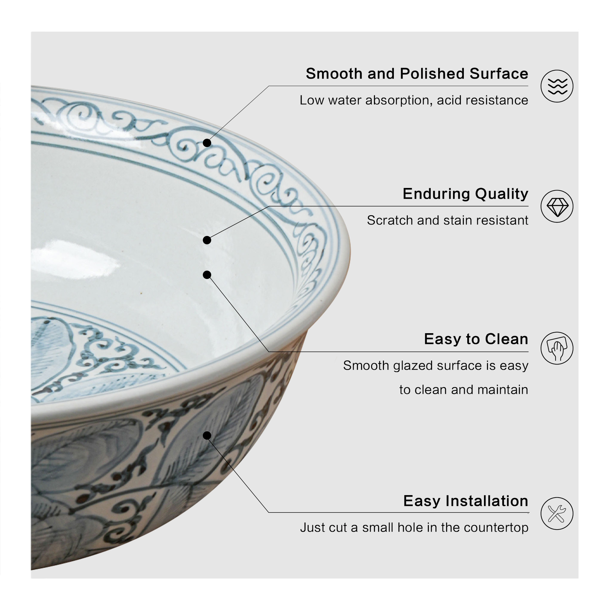 Round hand-painted ceramic washbasin