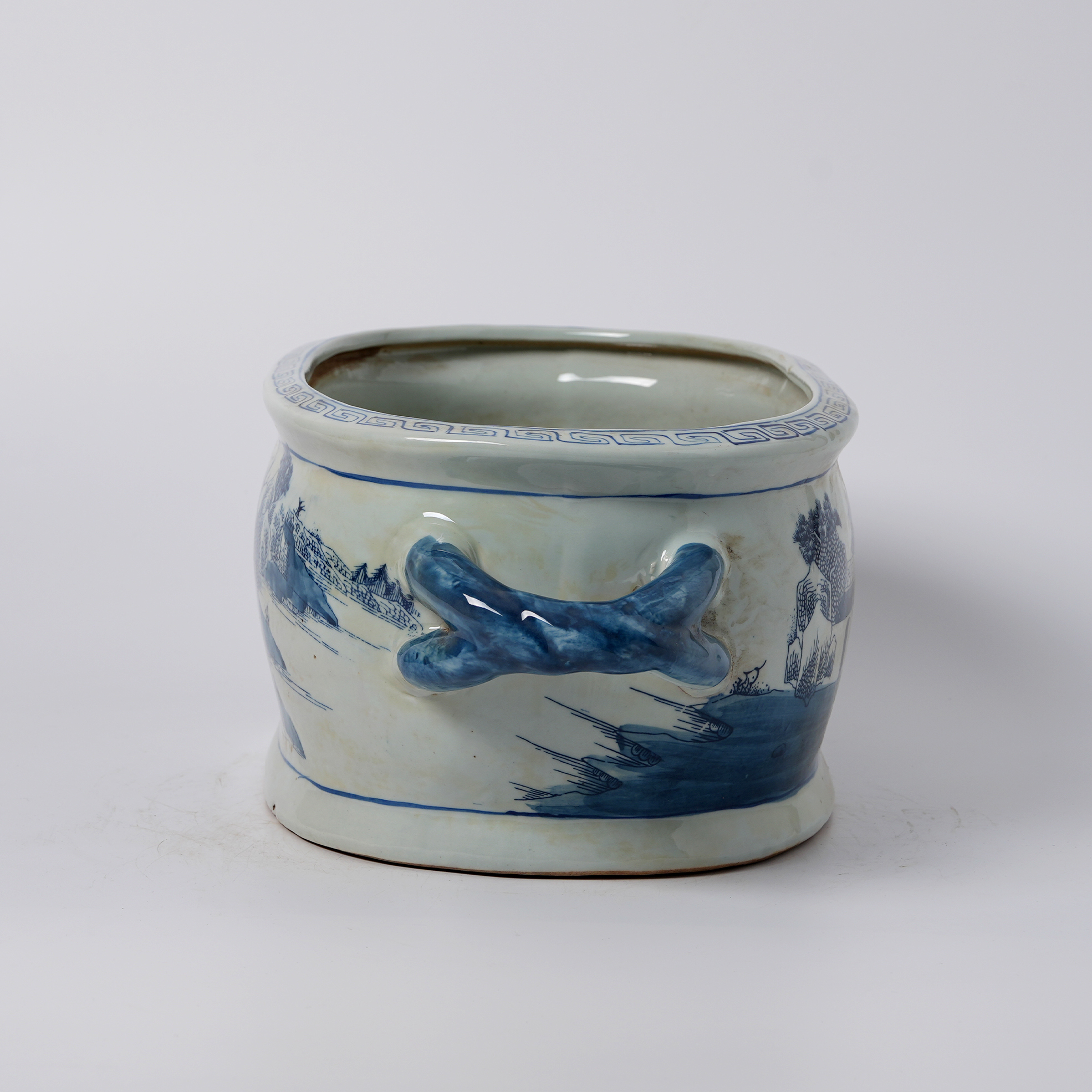 Antique blue and white porcelain flowerpot with hand-painted double handles 78