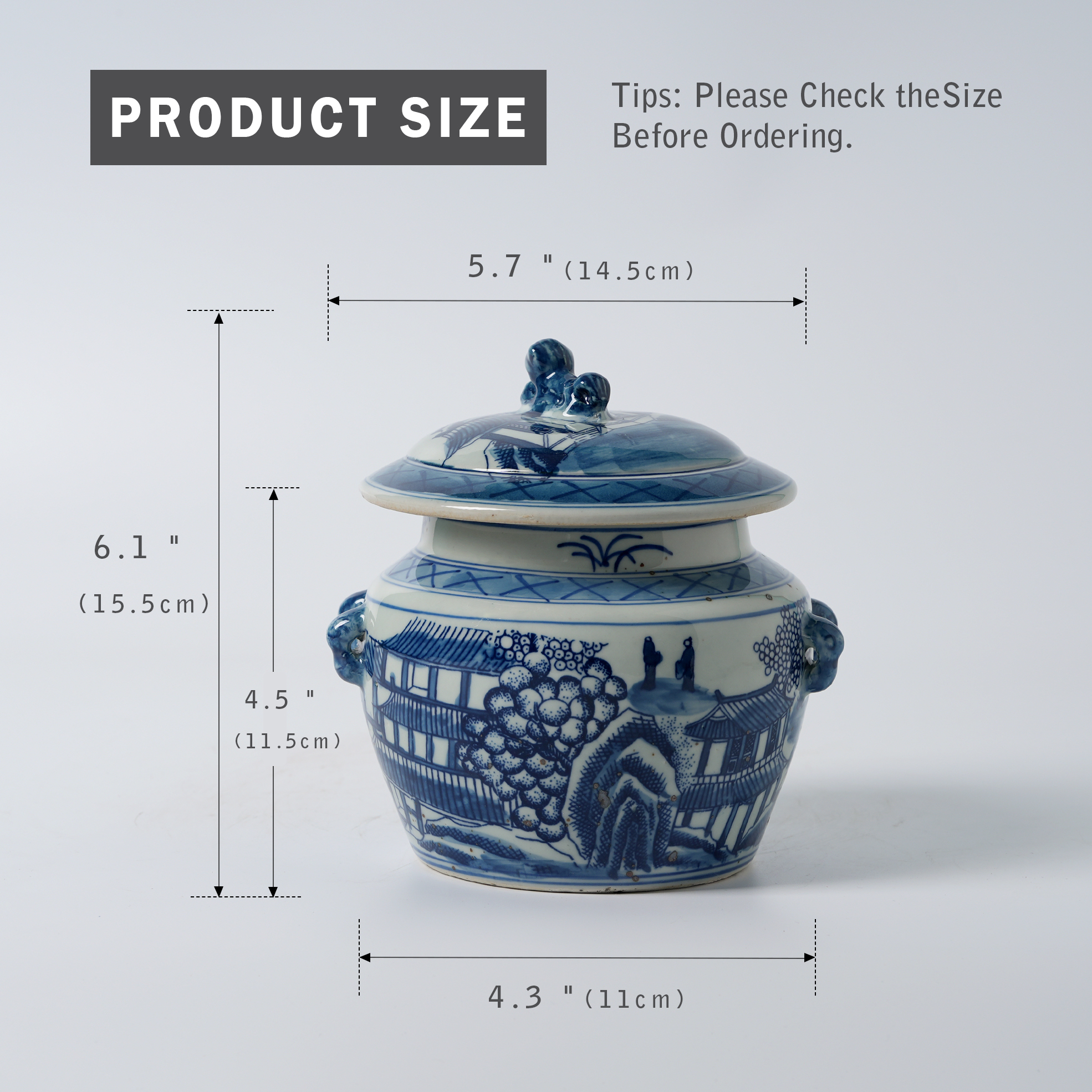 Antique blue and white floral pattern decorated ginger jar lid 67