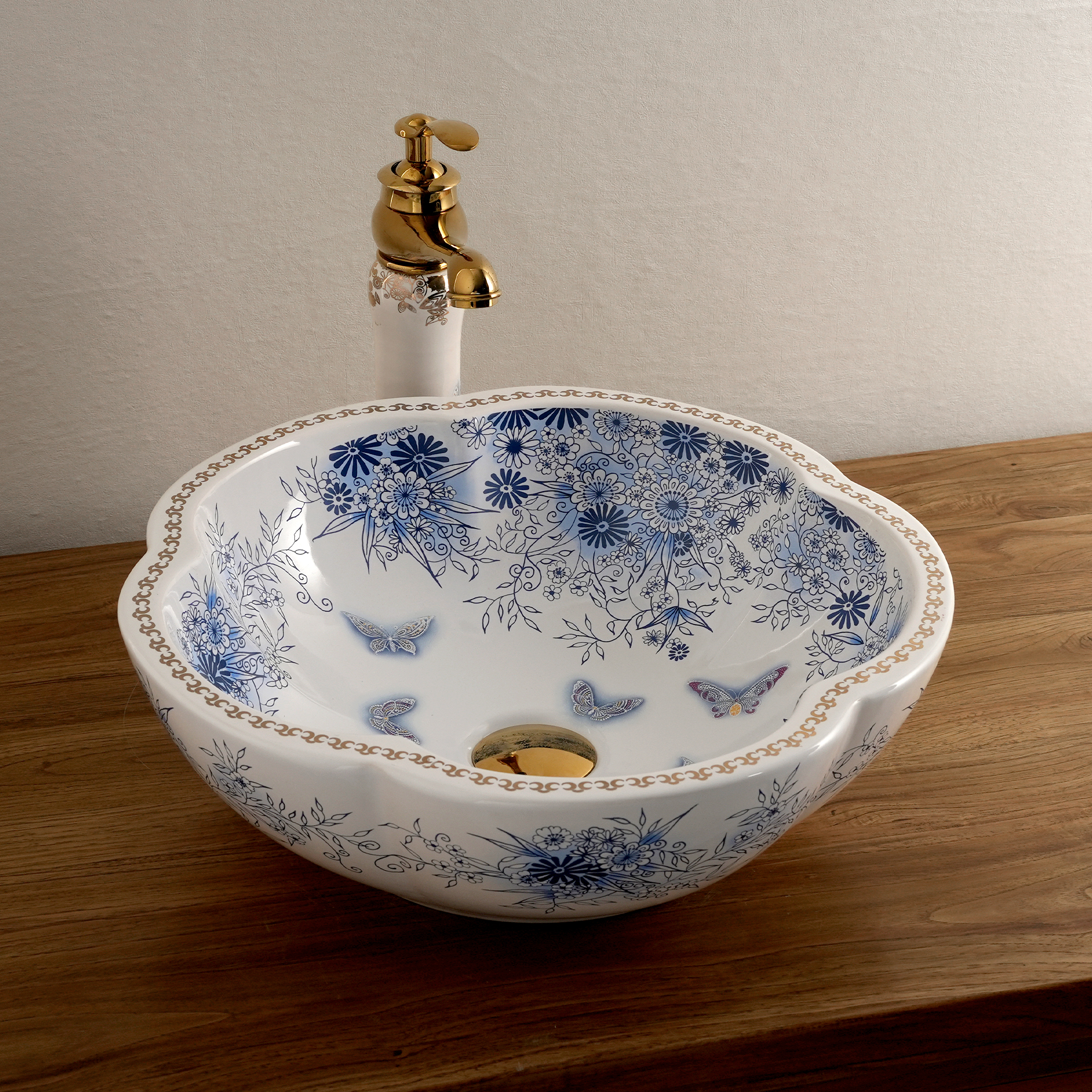 Ceramic washbasin with white petal print