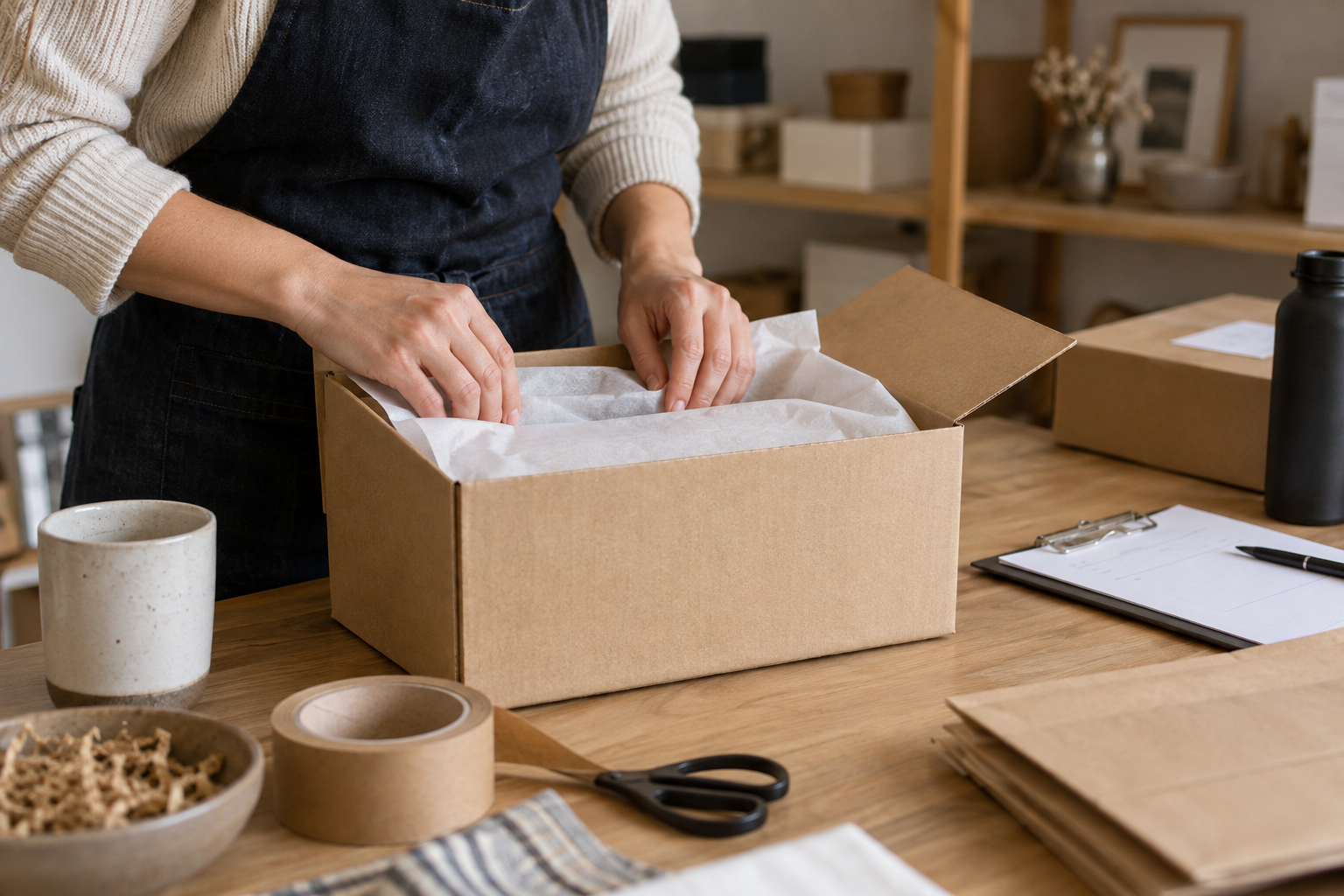 An order being carefully packed at a small studio workbench