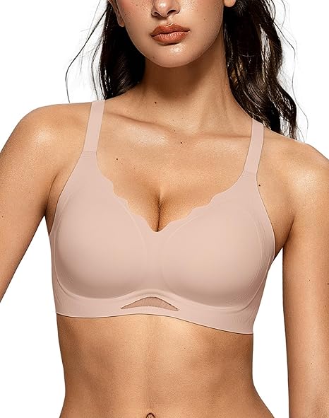 Scalloped Wireless Bras with  Mesh - Nude - 2XL