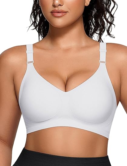 Wireless V Neck Bra with Front Adjustable Straps - White - S