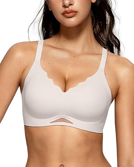 Scalloped Wireless Bras with  Mesh - White - M