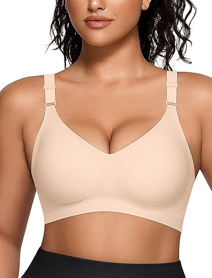 Wireless V Neck Bra with Front Adjustable Straps - Nude - M