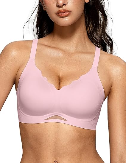 Scalloped Wireless Bras with  Mesh - Pink - 3XL