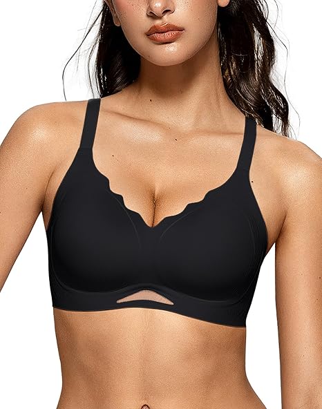 Scalloped Wireless Bras with  Mesh - Black - 3XL