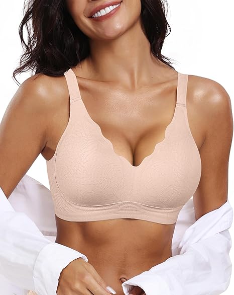 Scalloped Wireless Jelly Bra - Nude With Jacquard Weave - L