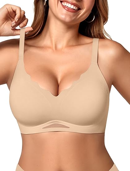 Scalloped Wireless Bras with  Mesh - Sand Nude - S