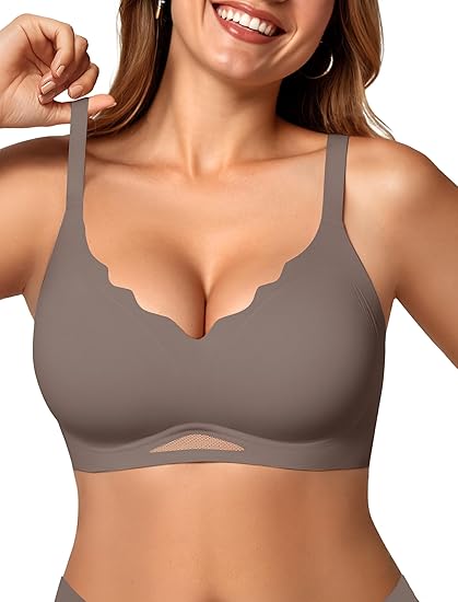 Scalloped Wireless Bras with  Mesh - Grey - L