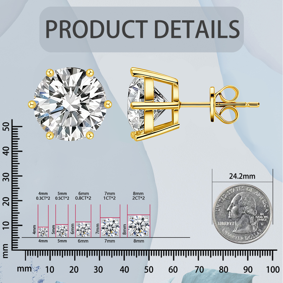 VISOVO Six-Prong Solitaire Stud Earrings 925S & VVS Moissanite