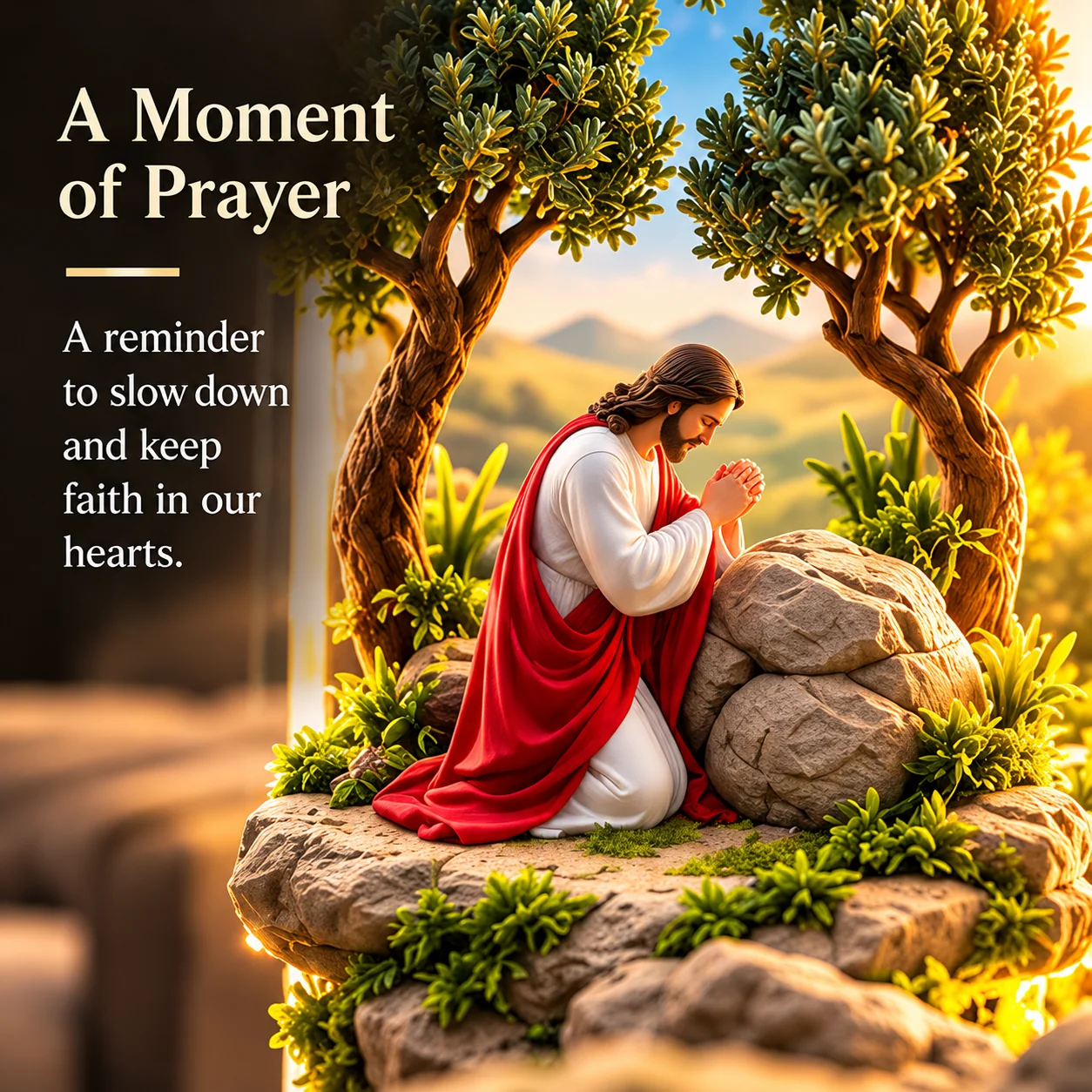 Close-up of religious miniature figures and biblical landscapes