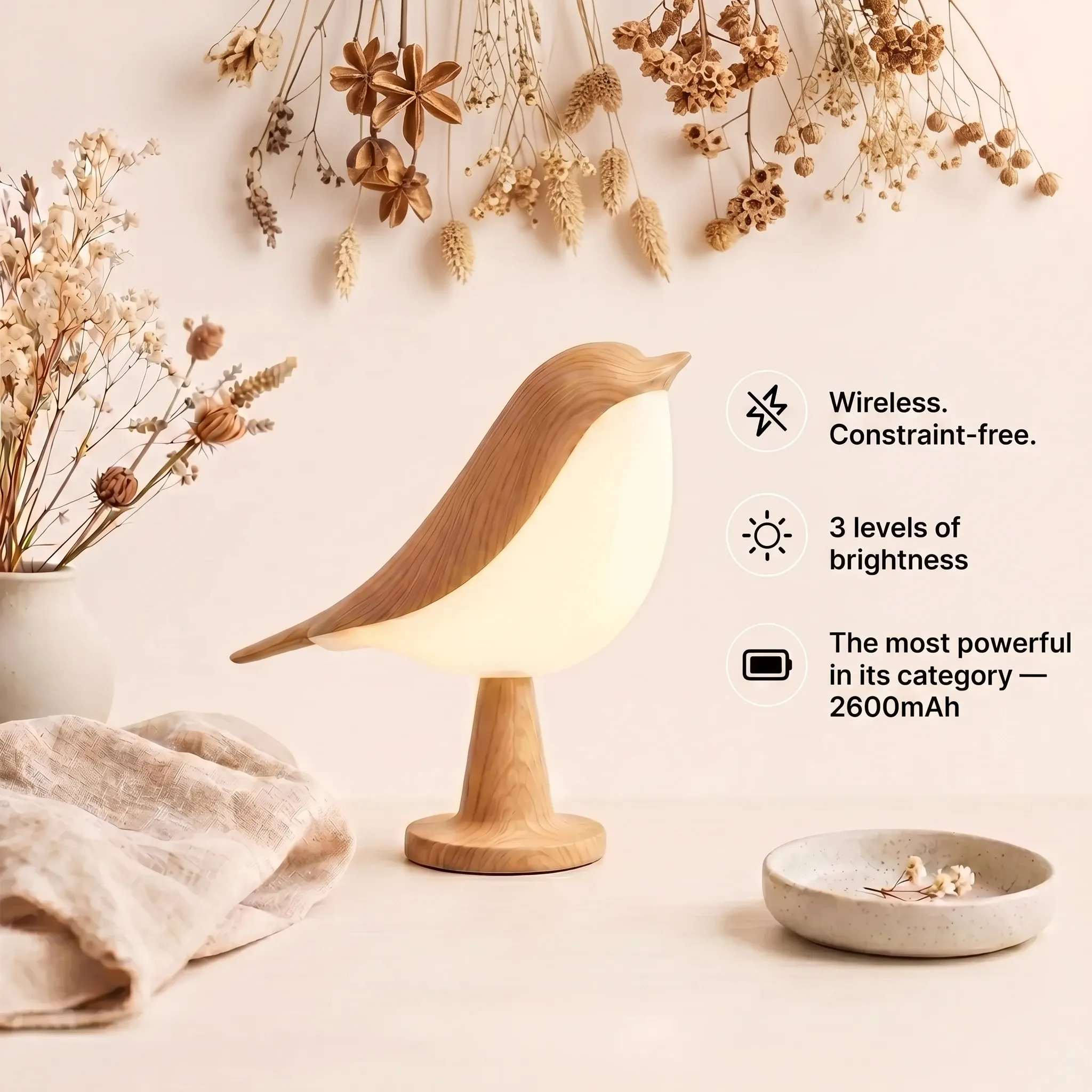 🐦 Cordless Bird Lamp with Touch Dimmer