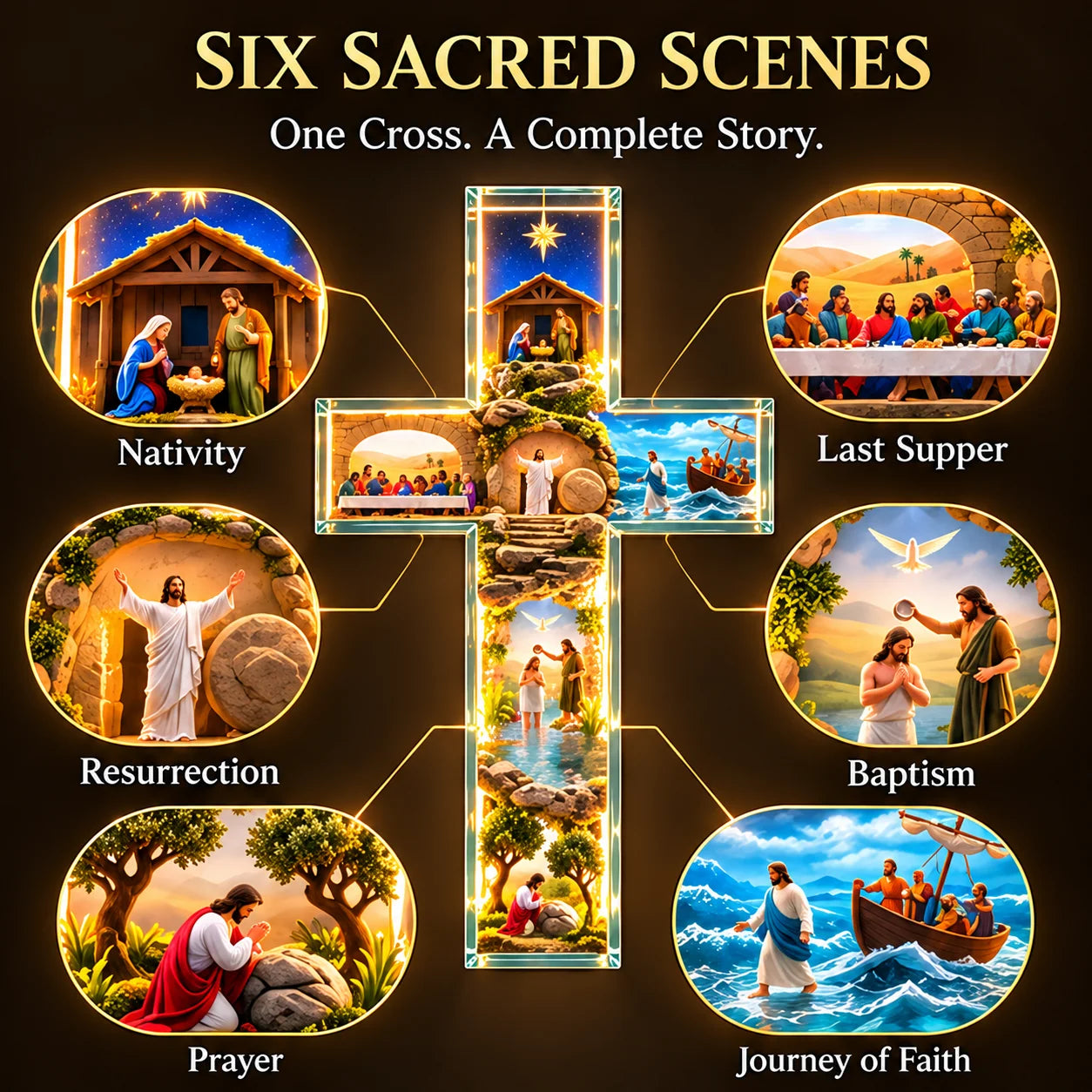 🙏✝️ The Story of Jesus LED Cross Lamp ✨ 6 Biblical Scenes & Meaningful Christian Gift