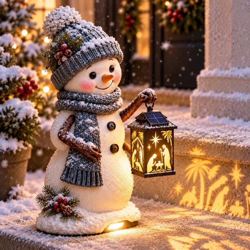 ⏰Last Day 50% OFF!⛄ Snowman Nativity Glow – Solar Christmas Step Light with Holy Family Projection