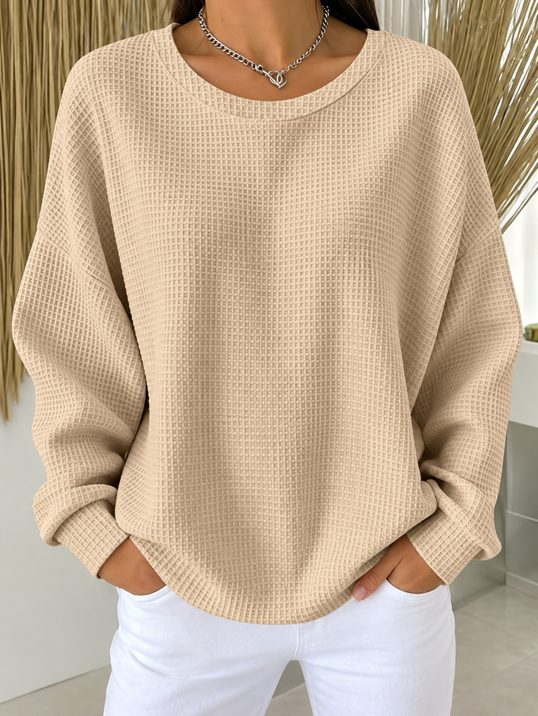  Textured Look, Relaxed Fit | Women's Waffle-Knit Loose-Fit Sweatshirt