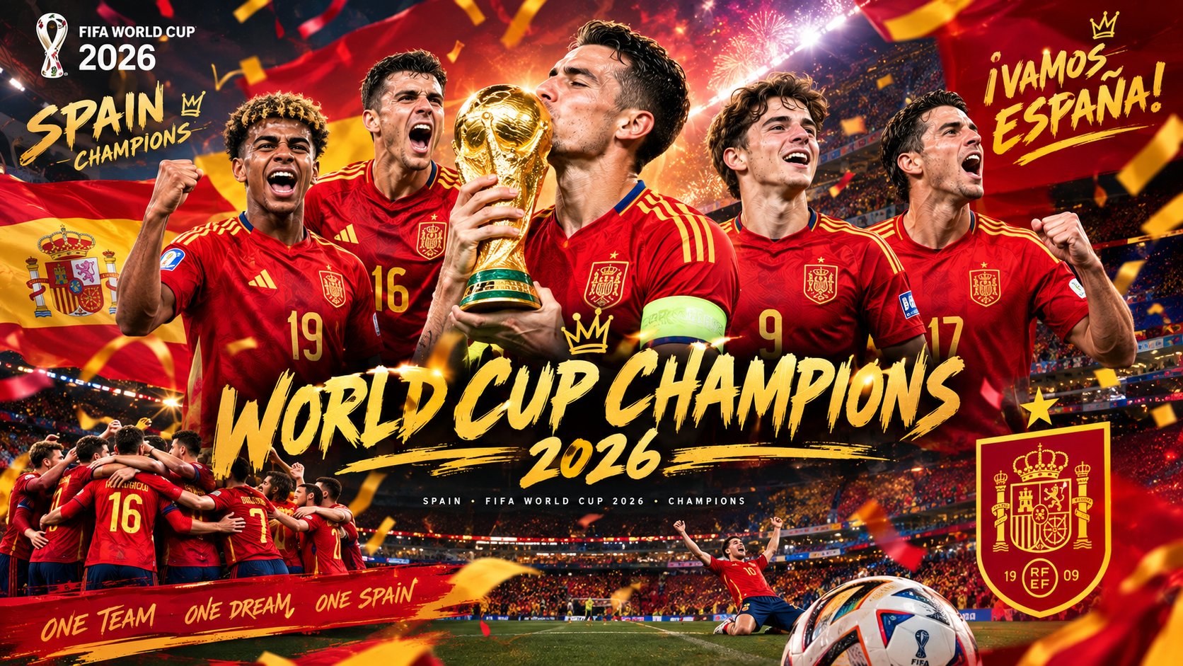 Spain players celebrating the 2026 World Cup title