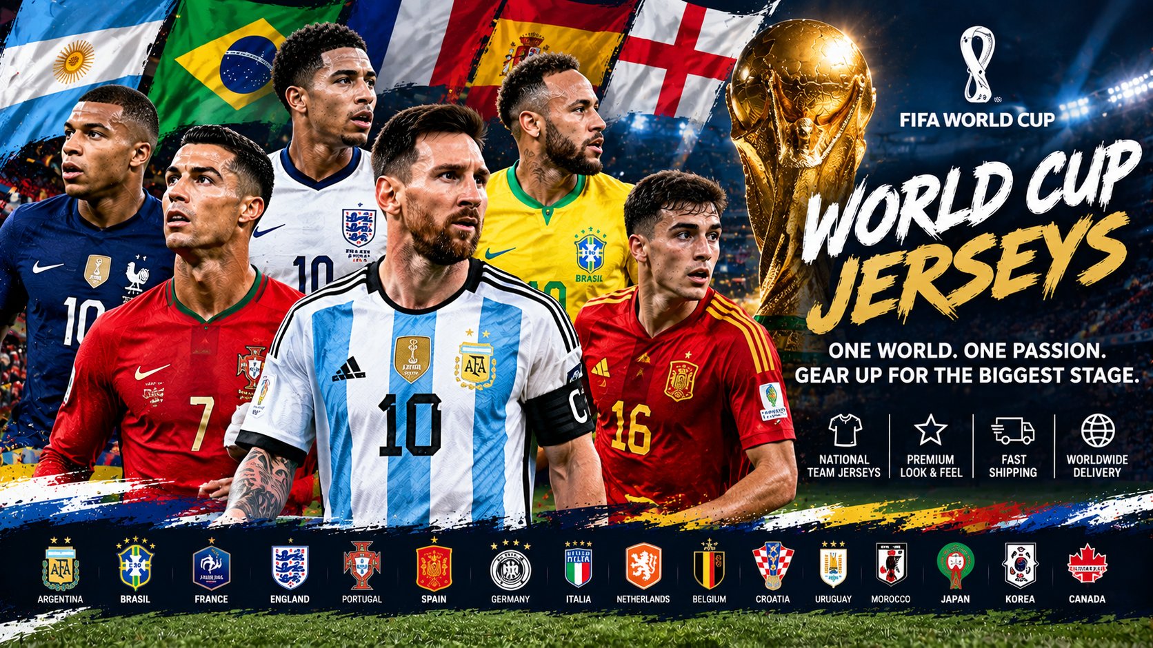 Collage of top World Cup jersey stars and national team shirts