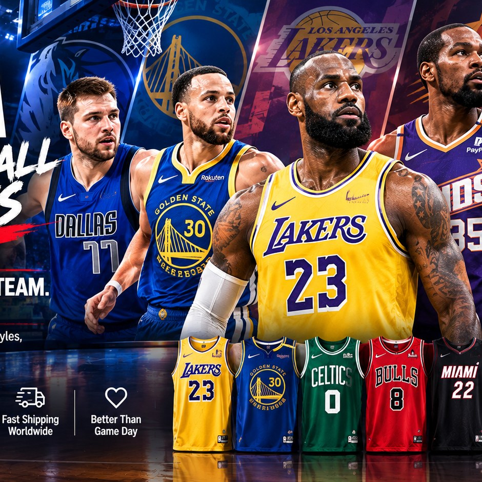 NBA jersey lineup with star player jerseys and team colorways