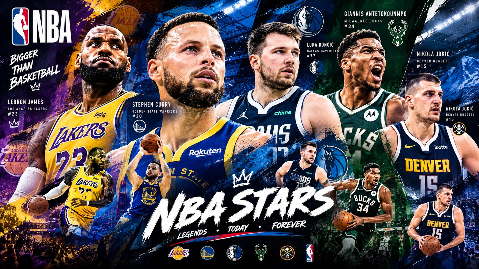 NBA stars basketball jersey collage with legend player jerseys