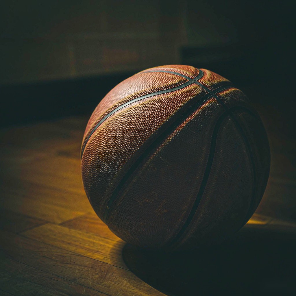 Basketball on hardwood in low light