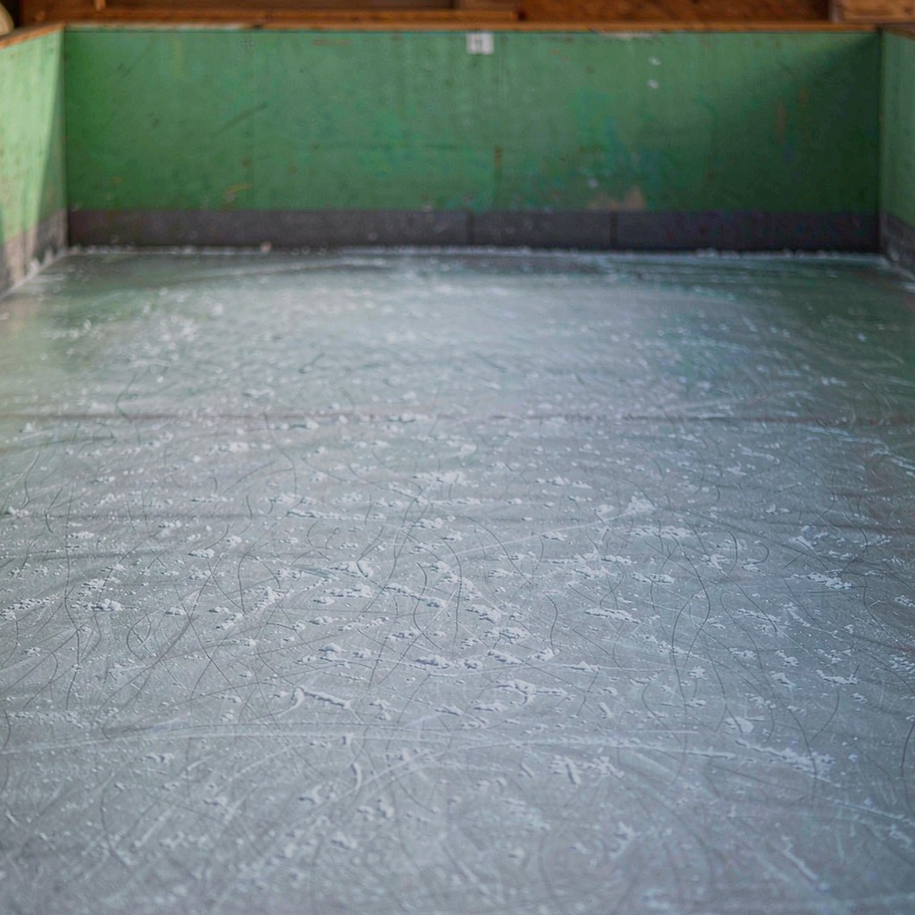 Ice rink with arena lights and crowd behind the glass