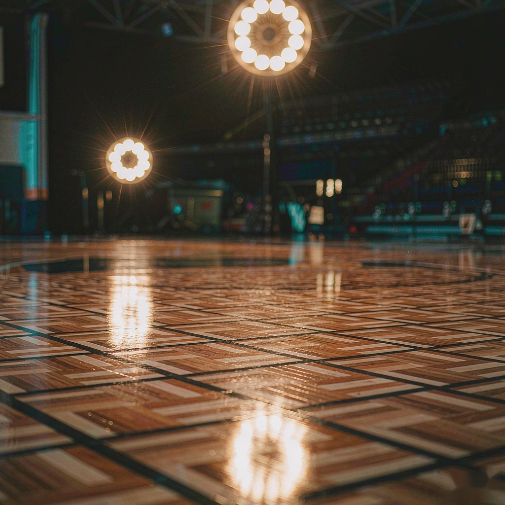 Arena lights and court reflections at night