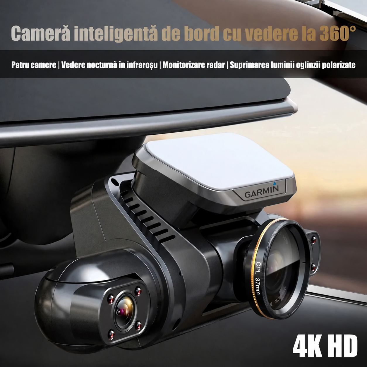 Cameră auto Garmin G980 cu control vocal și inteligență artificială, patru camere, vedere panoramică la 360°, vedere nocturnă 4K Ultra HD și urmărire GPS