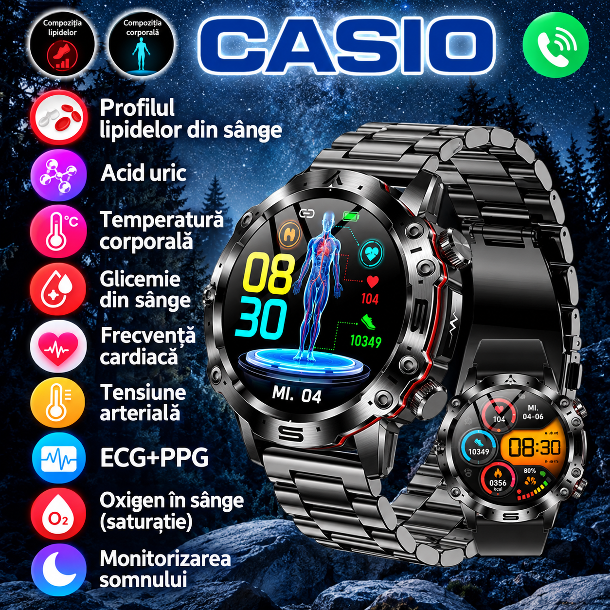 ⌚️⌚️CASIO AI zdravotní chytré hodinky 2026 ⌚️✨ – neinvazivní měření glukózy, EKG a PPG, komplexní monitoring zdraví