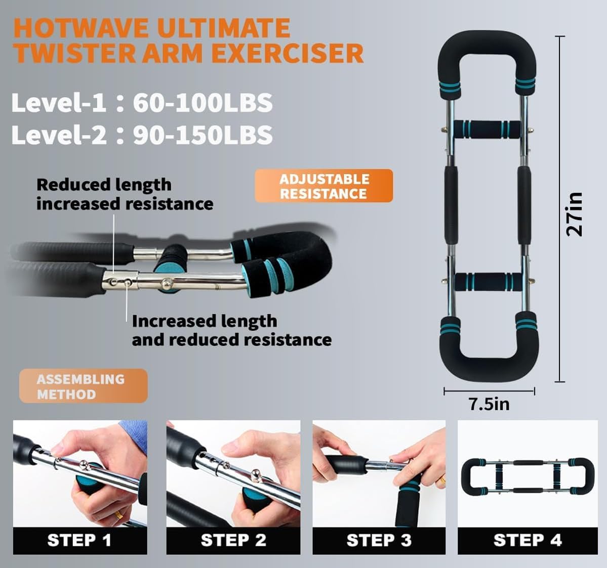 Aparat de exercițiu HOTWAVE Twist Braț, bară de fitness reglabilă cu arc, aparat de exercițiu pentru întărirea pieptului triceps antebraț, echipament portabil de fitness acasă