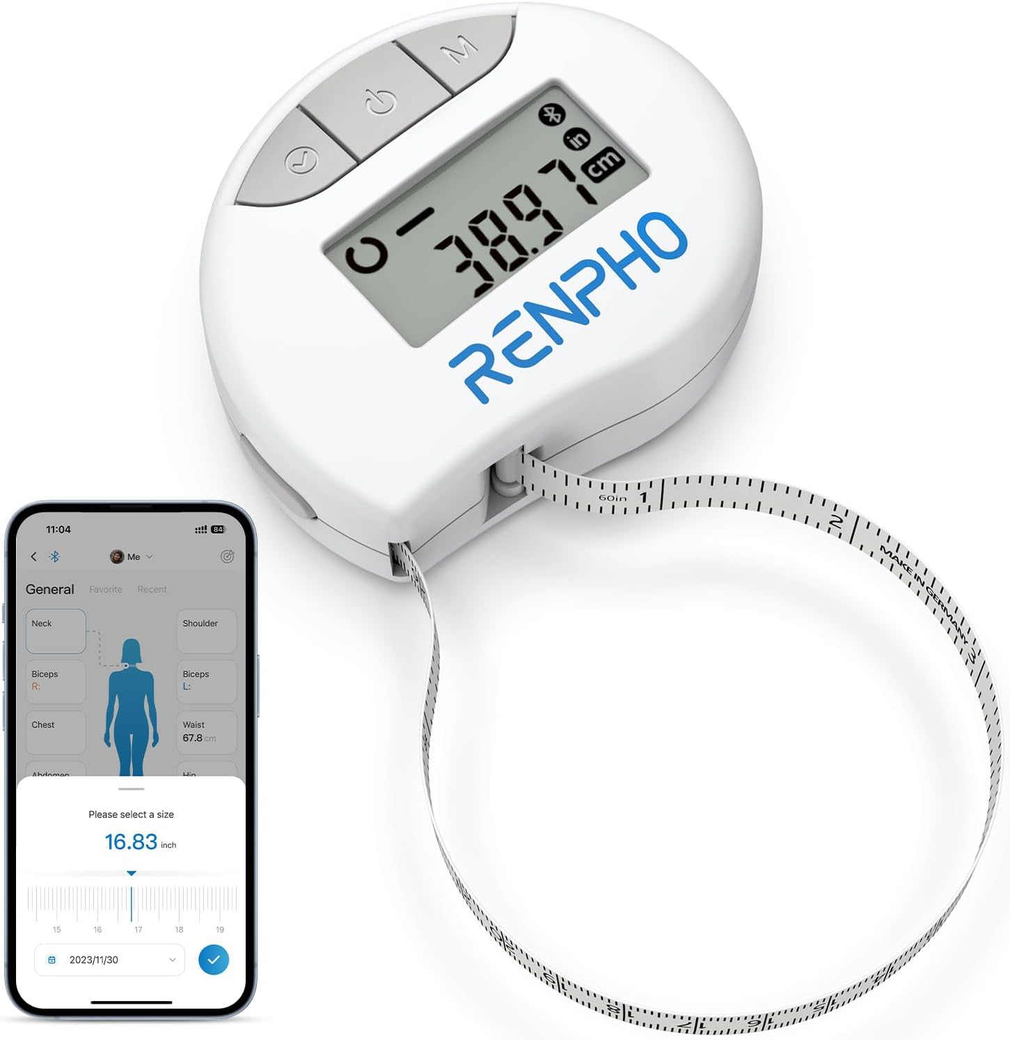 Măsurător RENPHO pentru pierderea în greutate, bandă de măsurare inteligentă a corpului, monitor pentru compoziția corporală de fitness cu APP, alb, 2,8 inchi/71 mm