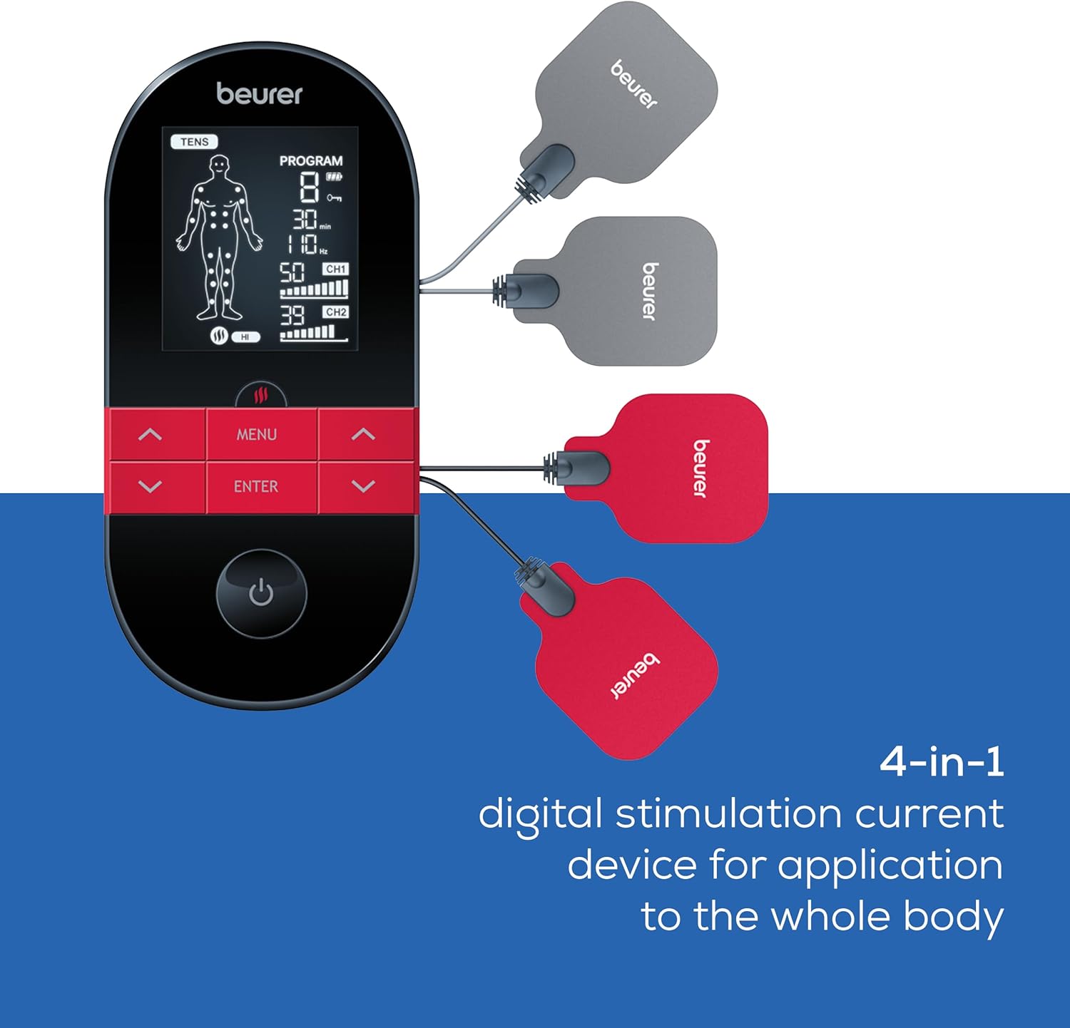 Beurer EM59 Dispozitiv digital TENS/EMS cu căldură, dispozitiv de stimulare 4 în 1 pentru terapia durerii, stimularea musculară, masaj și terapie cu căldură, 4 electrozi, 70 de programe, 50 de niveluri de intensitate