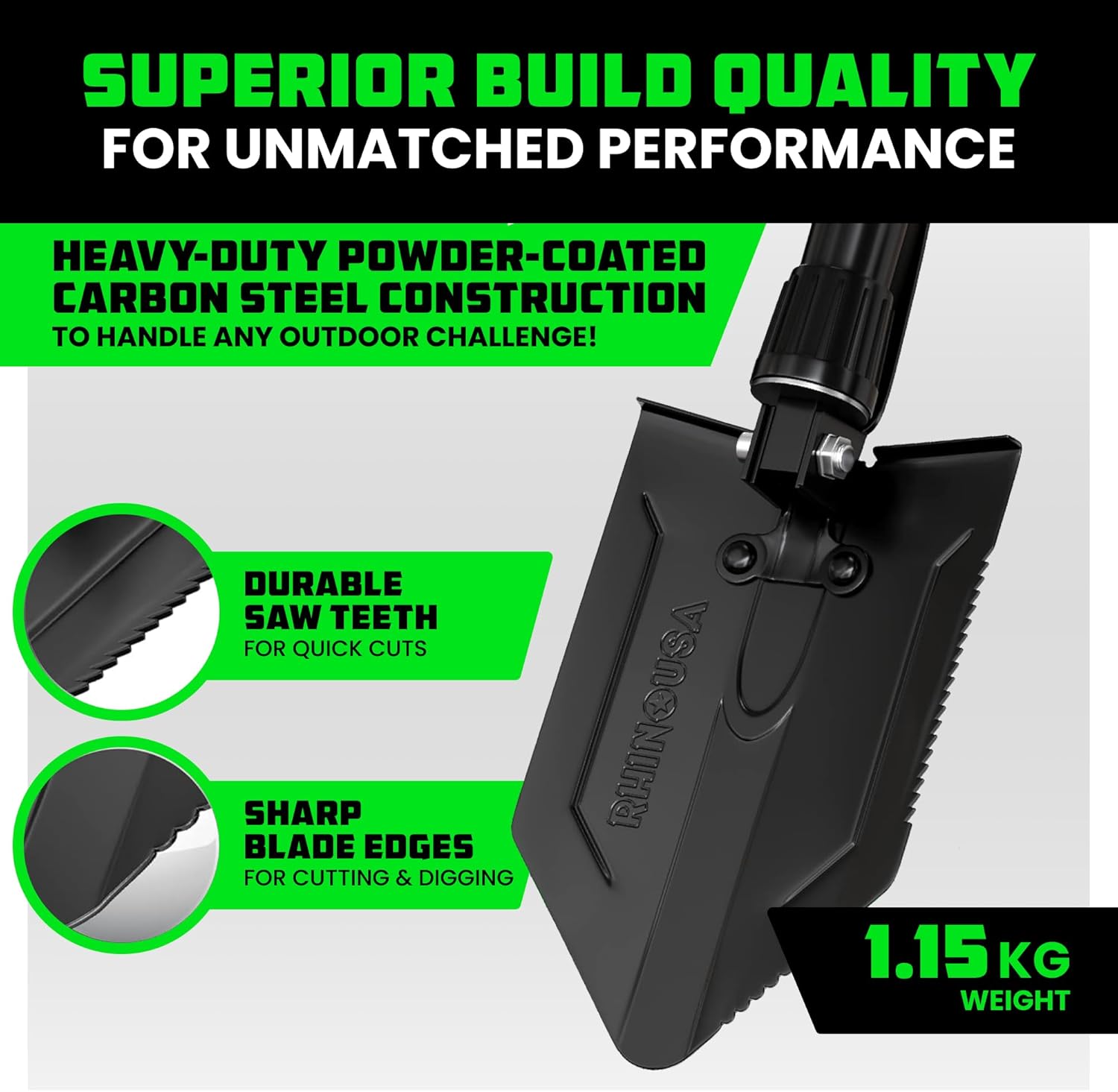 Lopată de supraviețuire pliabilă RHINO USA cu Pick - Instrument rezistent din oțel carbon pentru off-road, camping, grădinărit, plajă, săpat în murdărie, nisip, noroi și zăpadă.
